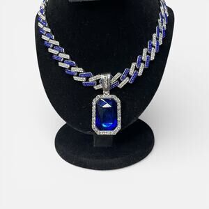 Statement Blue Glass Pendant Necklace Rhinestone Cuban Link Chain 1990s Glam